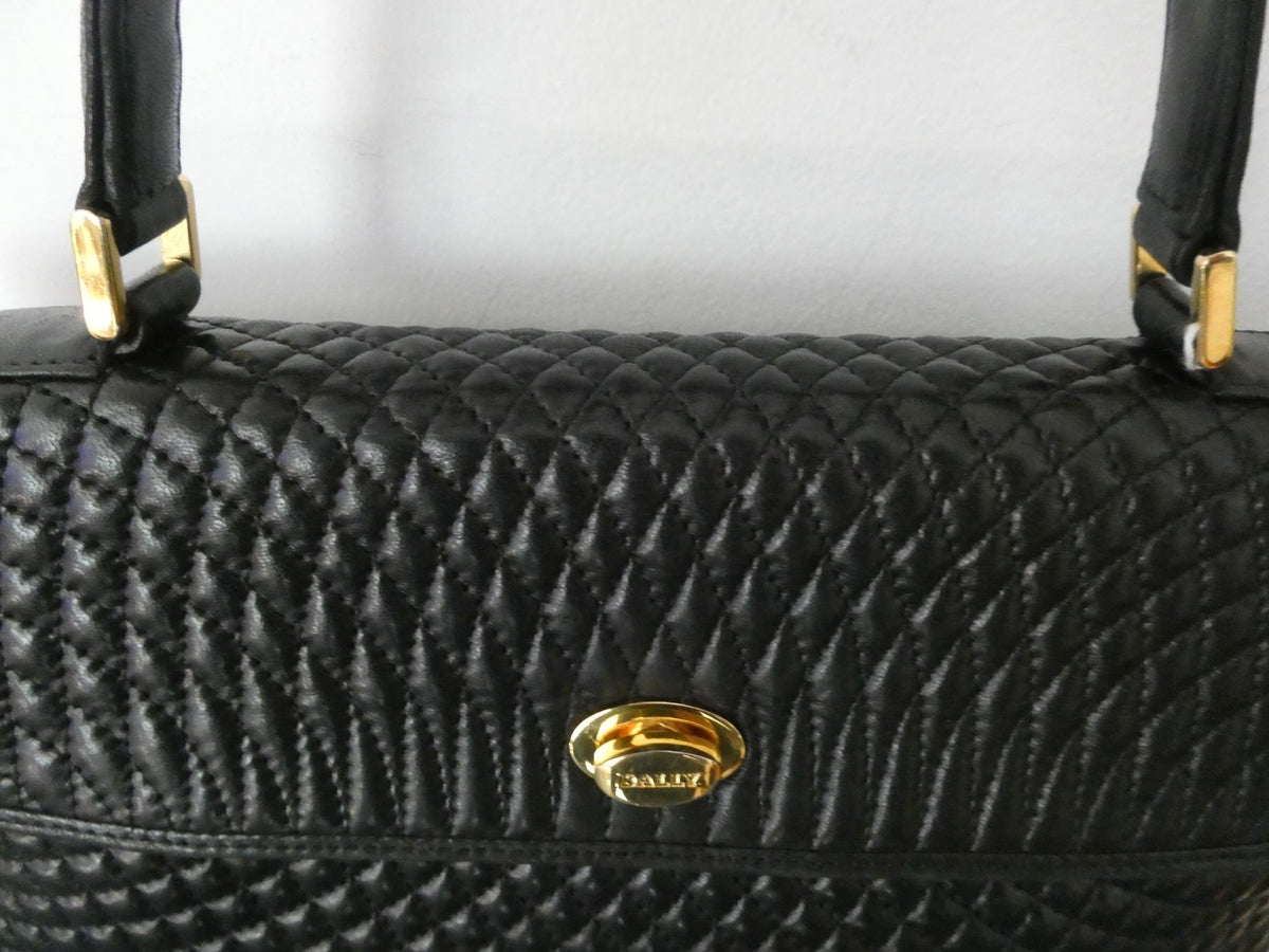 Vintage Bally Women's Black Quilted Leather Top Handle Handbag Gold Tone Italy