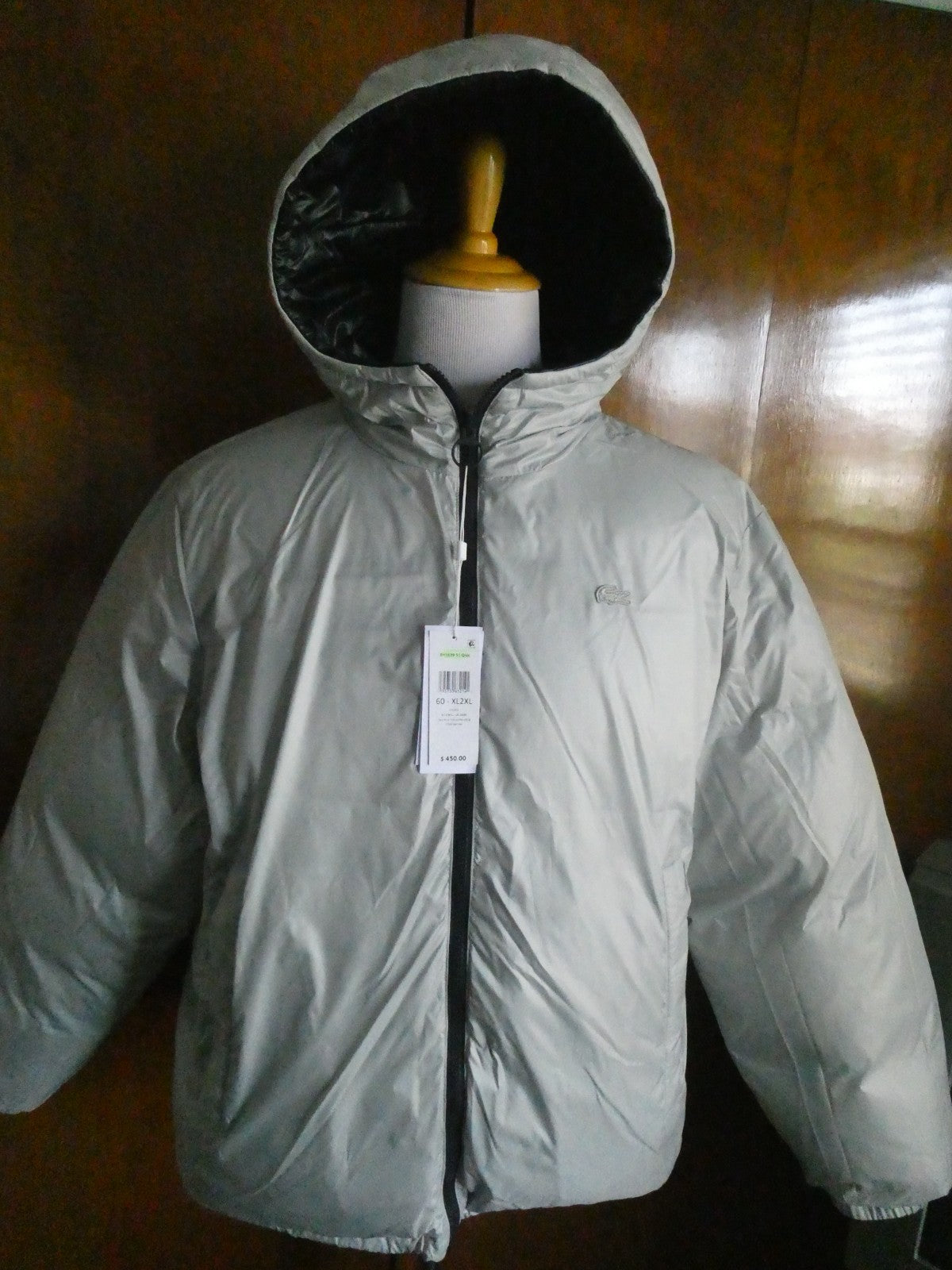 Lacoste Men’s Reversible Down Puffer Jacket XL 2XL Black Gray Hooded NWT $450