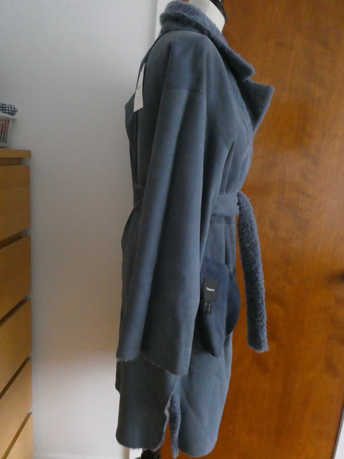 Theory Robe Coat Metal Blue Shearling Lamb Fur Teddy Coat M $2895 Made In Turkey