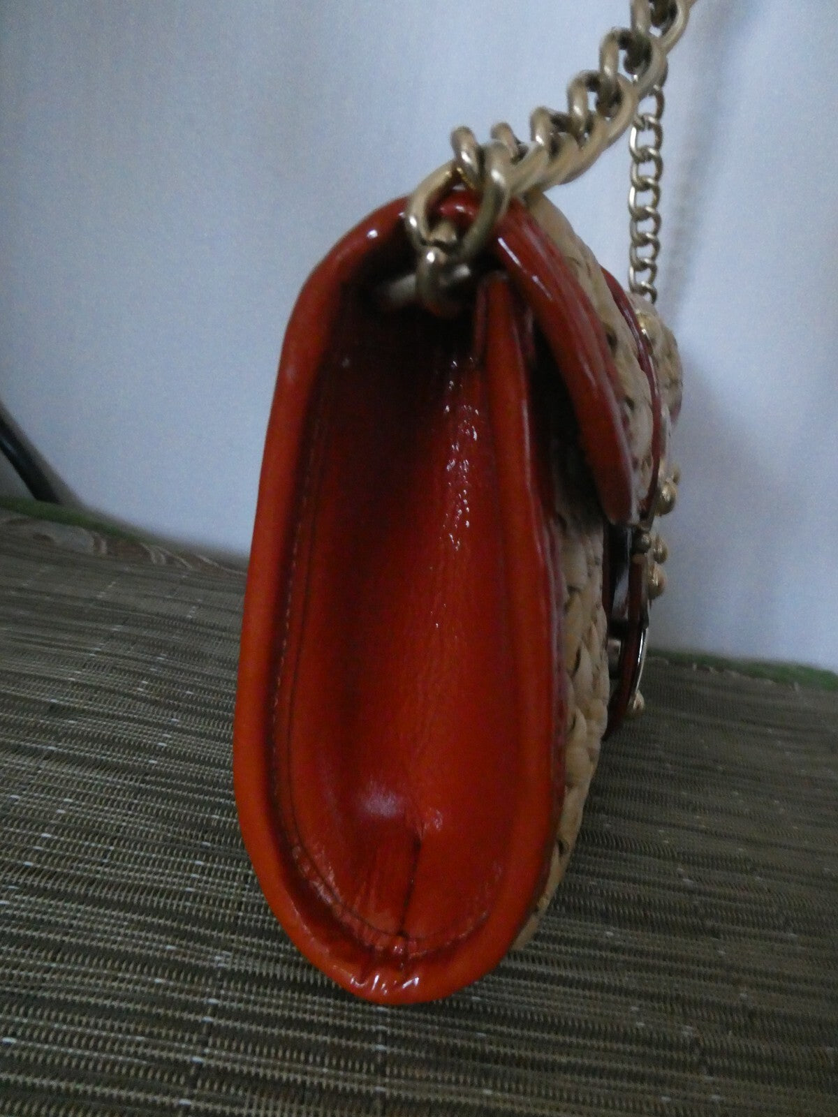 Michael Kors Woven Straw And Leather Chain Clutch Purse Walnut