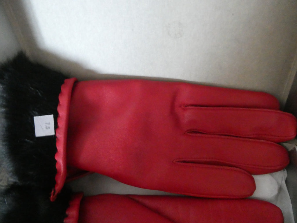 Vintage Charter Club Red Genuine Leather Gloves 7.5 Real Rabbit Fur Cuff New Box