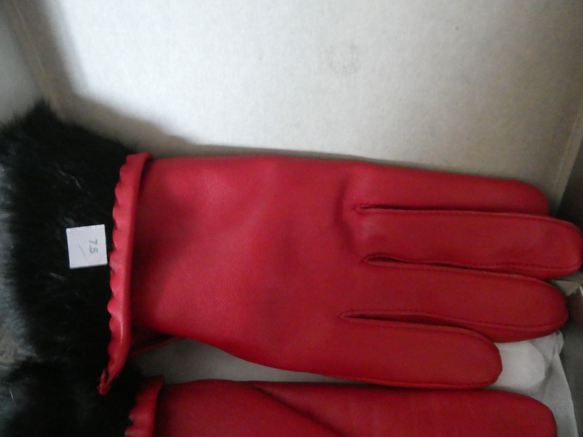 Vintage Charter Club Red Genuine Leather Gloves 7.5 Real Rabbit Fur Cuff New Box