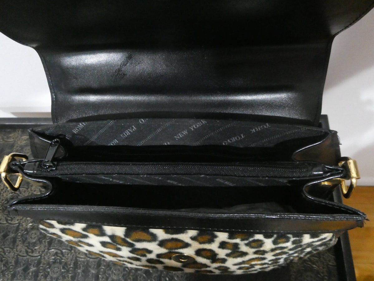 Unbranded Women Black Velour/Leather Leopard Print 2 compartments Purce Handbag