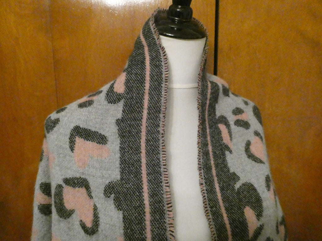Juicy Couture Leopard Heart Print Scarf 72"x22" Gray Pink Logo Fringe Wrap