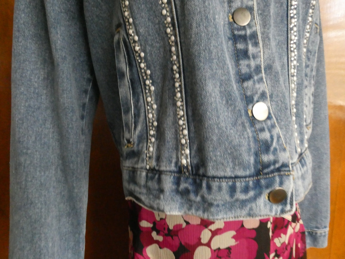 Alexis Taylor Women 100% Cotton Beaded Jeans Blazer Jacket Blue XLarge (fits L)