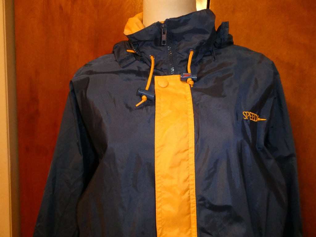 Speedo unisex blue/yellow nylon zip up packable rain jacket XS (fit S or M) 