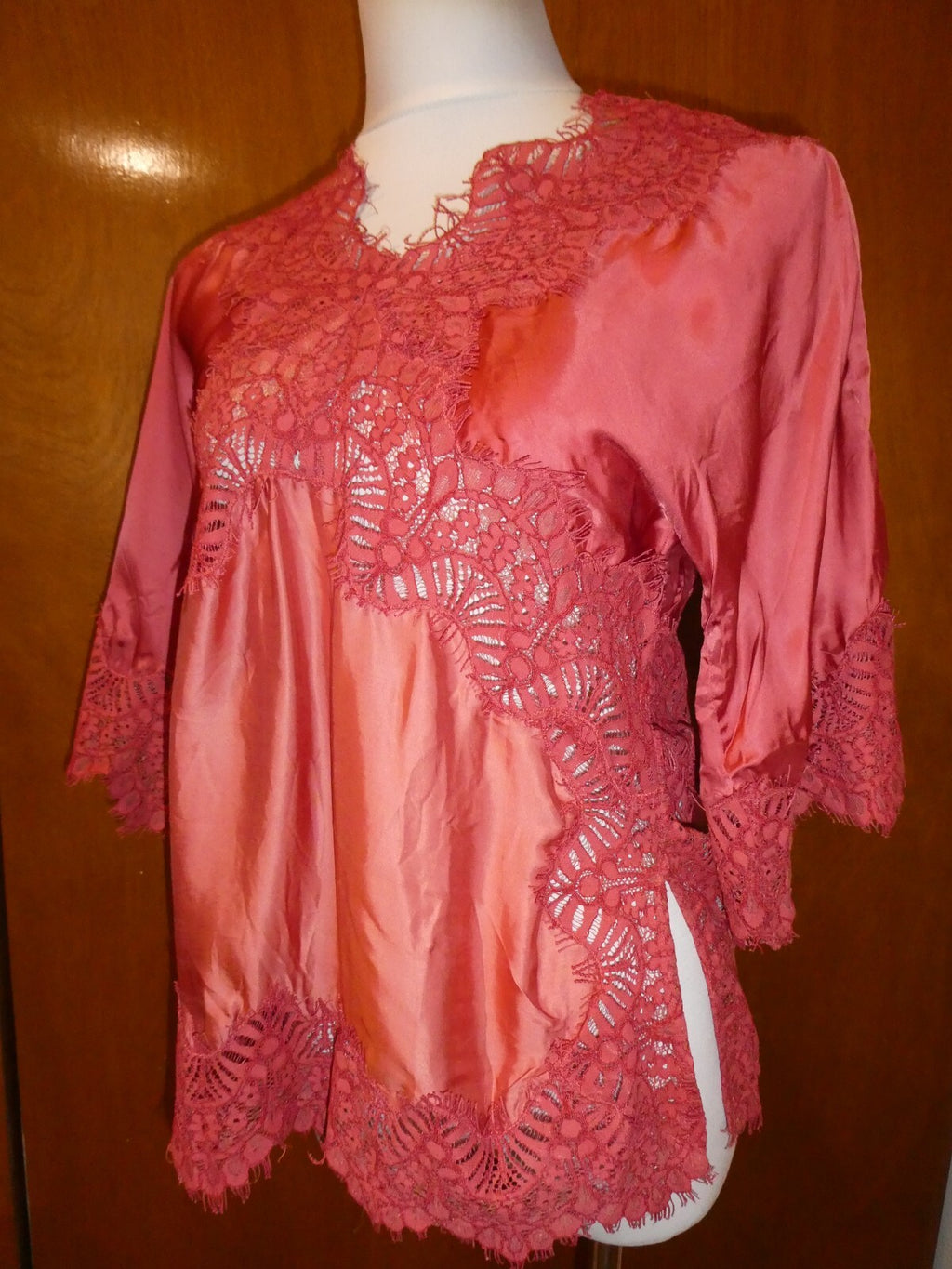 Moulinette Soeurs Anthropologie Womens Orange Satin Lace V-Neck Blouse Sz Small