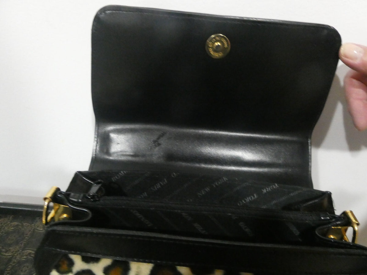 Unbranded Women Black Velour/Leather Leopard Print 2 compartments Purce Handbag