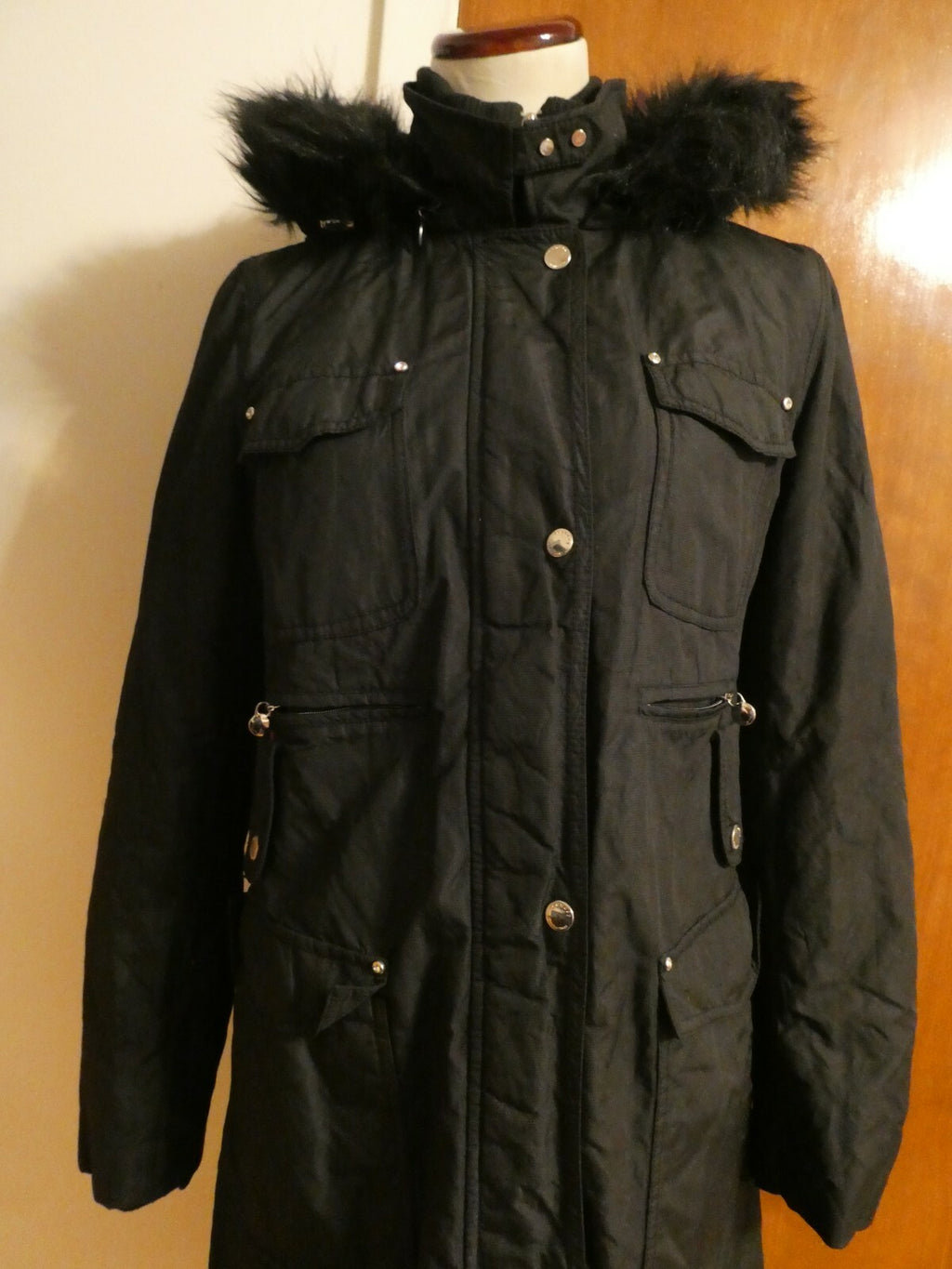 Laundry By Shelli Segal Women's Black Long Winter Coat Removable Hood Medium