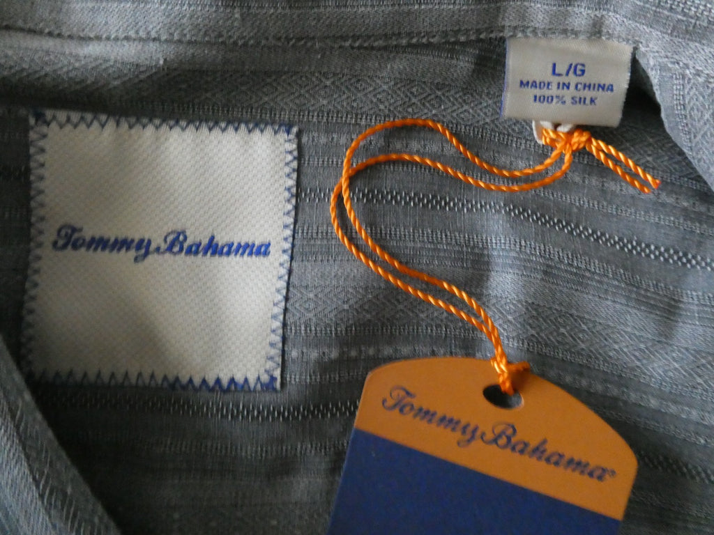 Tommy Bahama Men's Large 100% Silk Gray Striped Shirt Sleeve Button Front Shirt