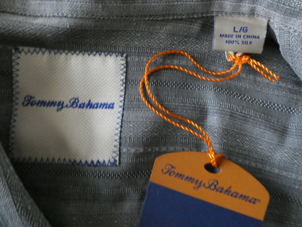 Tommy Bahama Men's Large 100% Silk Gray Striped Shirt Sleeve Button Front Shirt