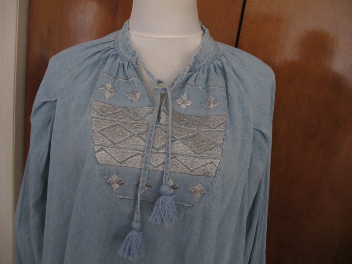 Anthropologie Knitted&Knotted Women Chambray Dress Embroidered Cotton Loose Fit