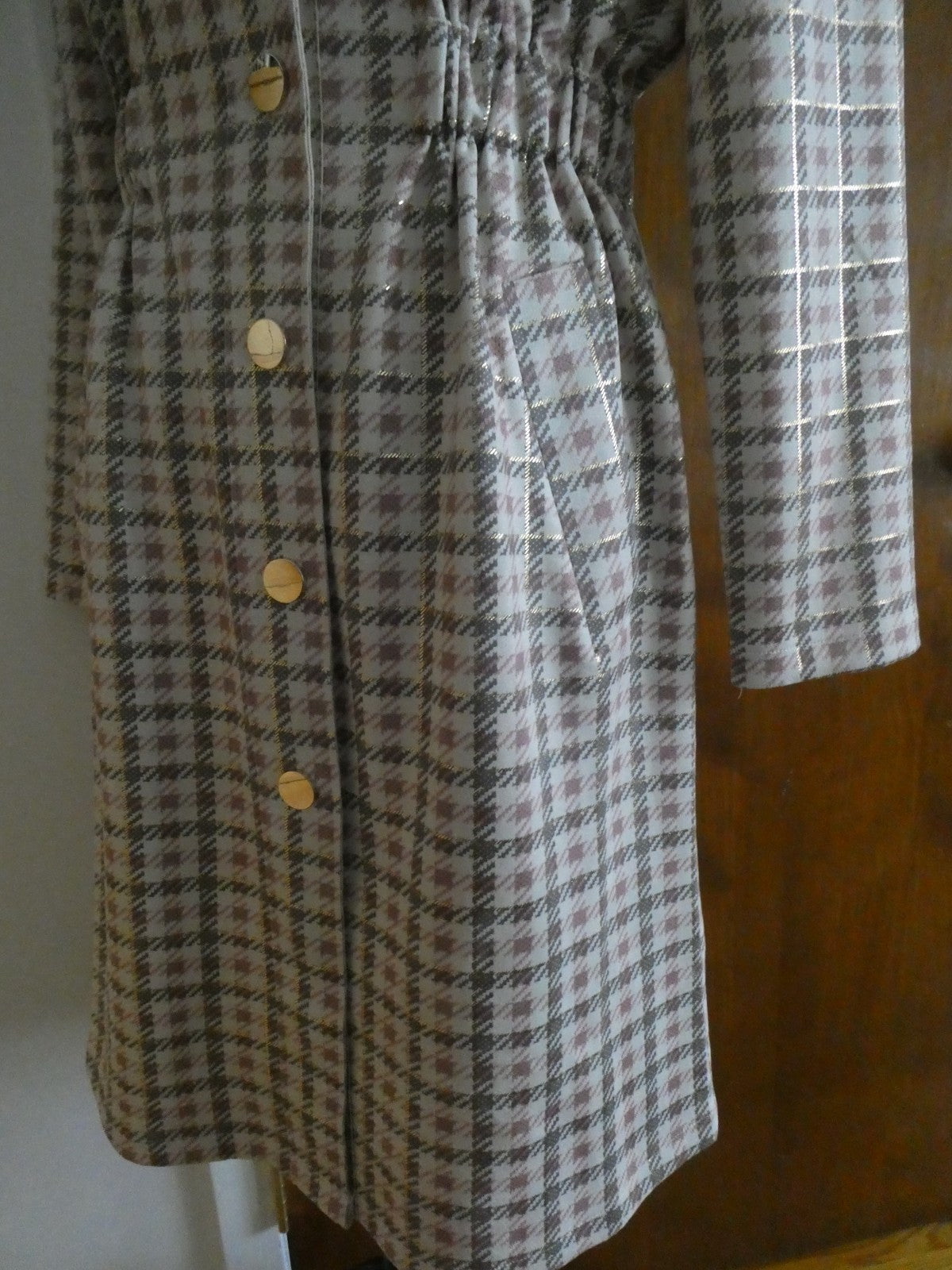 Aliceblue Women’s Plaid Long Jacket Coat Gray Pink Gold Snap Stretch Size Small