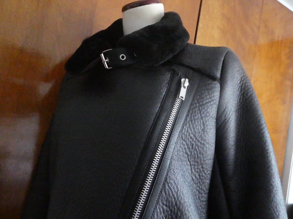 LY VAREY LIN Women's Black Faux Shearing Lined Warm Winter Moto Jacket Small