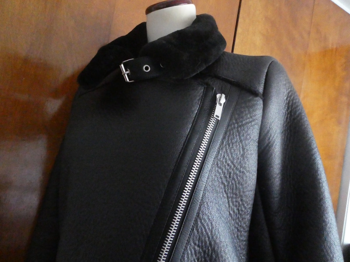 LY VAREY LIN Women's Black Faux Shearing Lined Warm Winter Moto Jacket Small