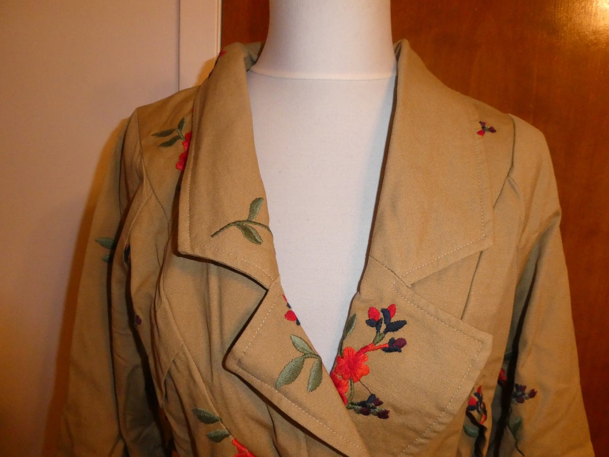 Anthropologie Cartonnier Honeymiel Embroidered Floral Trench Coat Women Belted