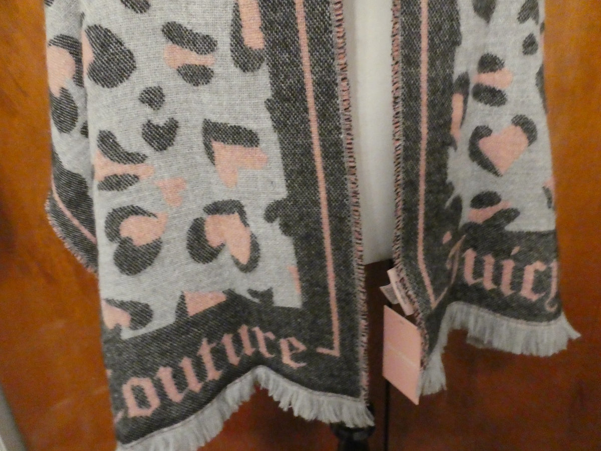 Juicy Couture Leopard Heart Print Scarf 72"x22" Gray Pink Logo Fringe Wrap