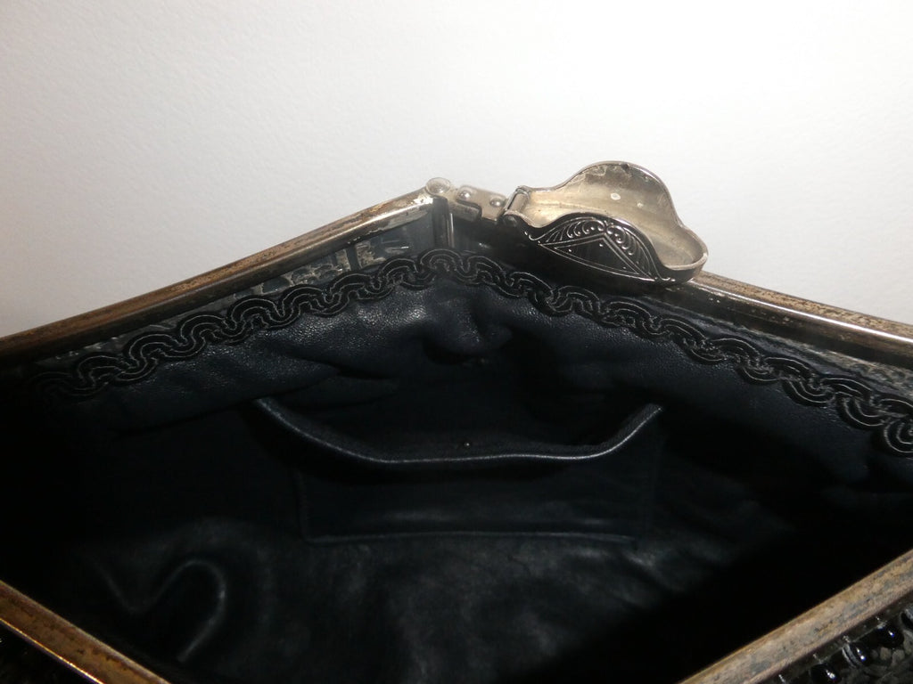 Grace Ann Agostino Vintage Womens Black Woven Leather Bag Purse Silver Tone Deco