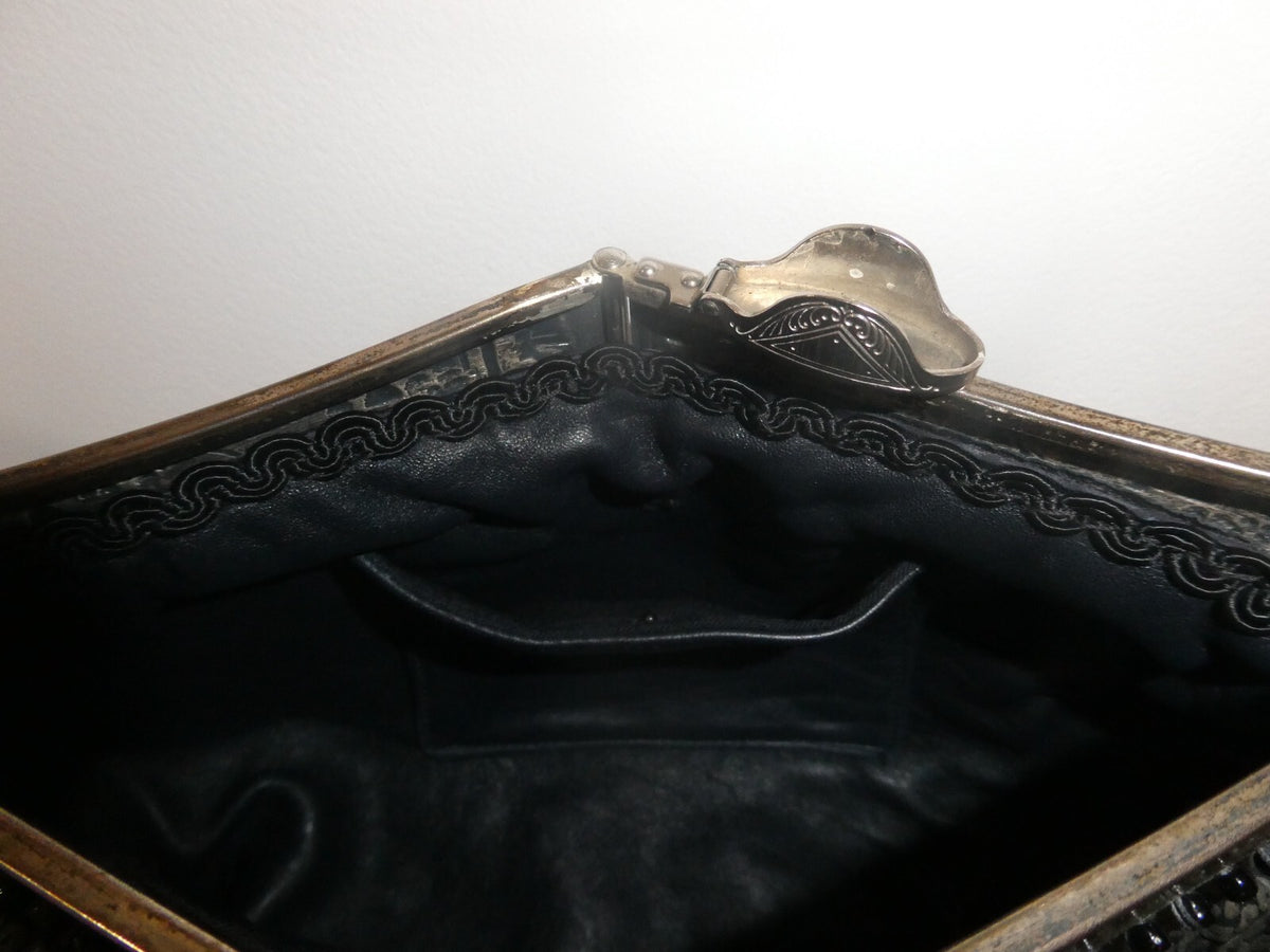 Grace Ann Agostino Vintage Womens Black Woven Leather Bag Purse Silver Tone Deco