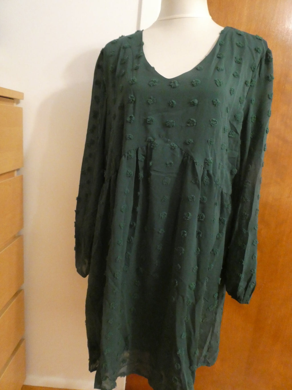 KIRUNDO Women’s Green long Sleeves Mini V Neck Flowy Swiss DOT Babydoll Dress XL