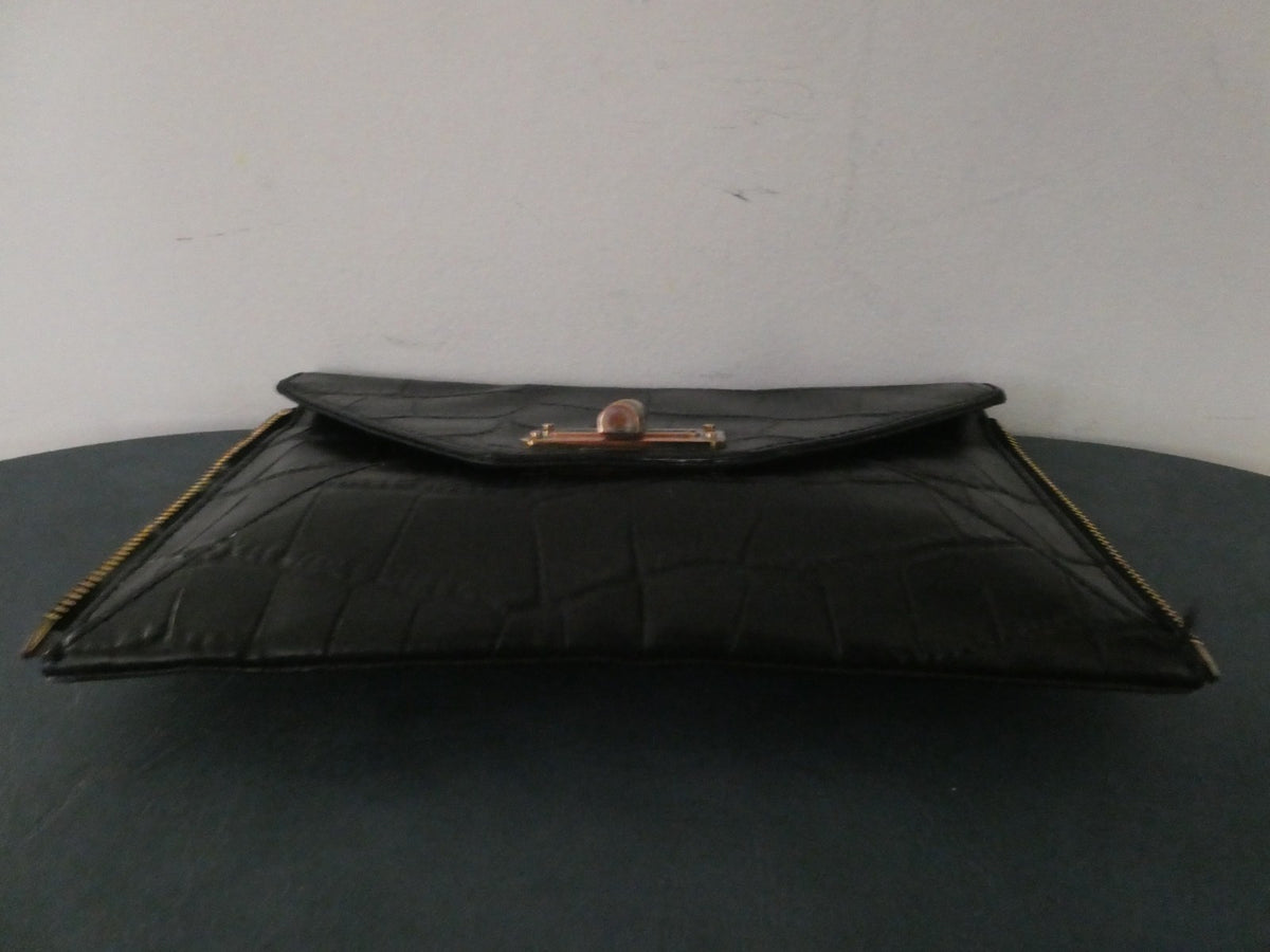 Vintage Diane Von Furstenberg Black Leather Clutch 8 card slots Gold Turn Lock