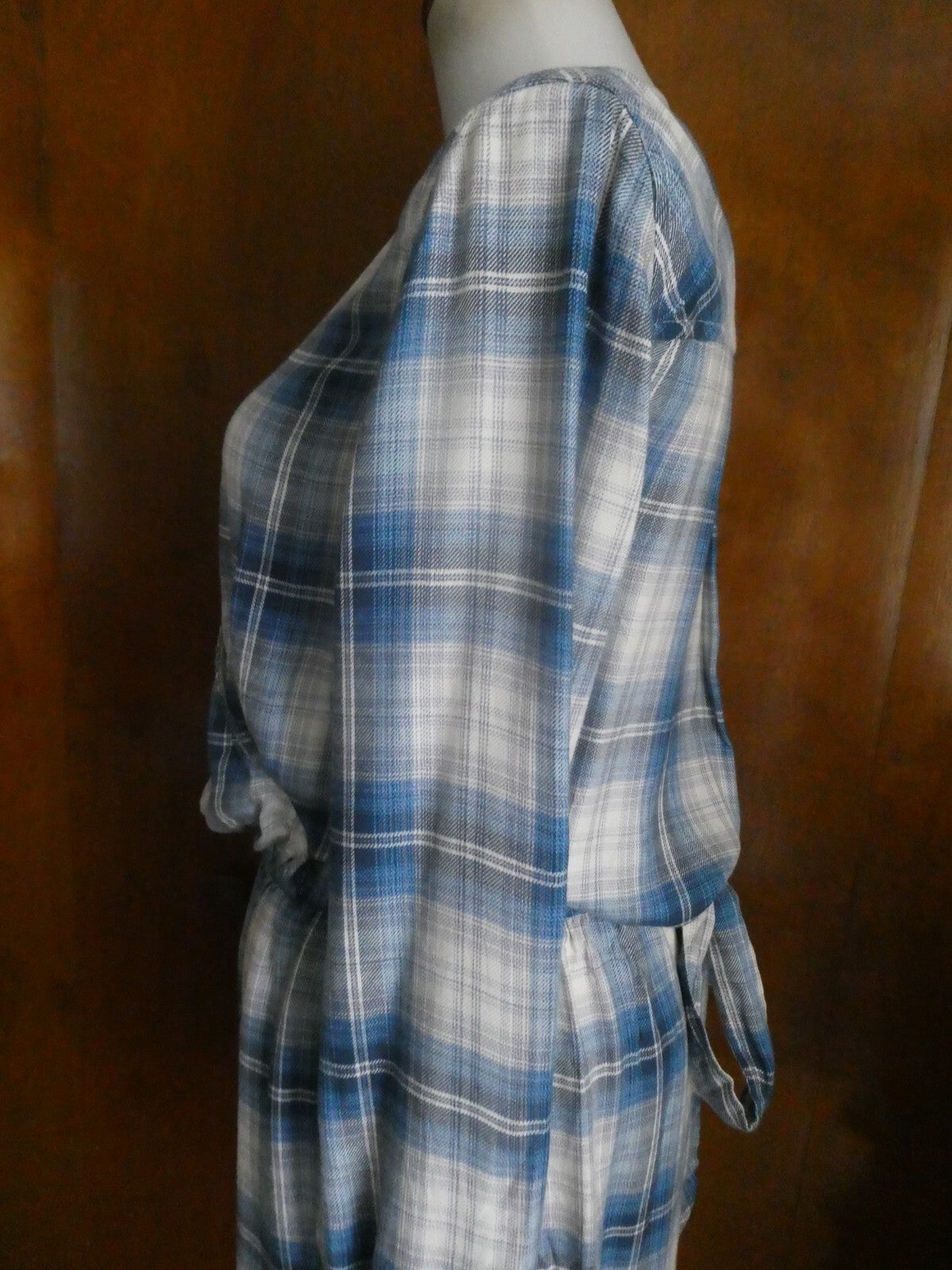 Gap Women’s Long Sleeve Blue Plaid Flannel Romper Wrap Front 