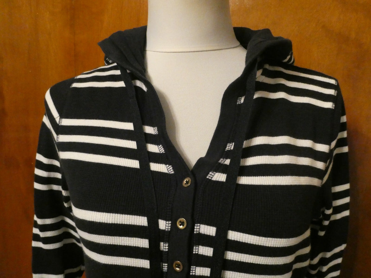 Charter Club Women's Navy Striped Sweater Attached Hood Medium Preowned 