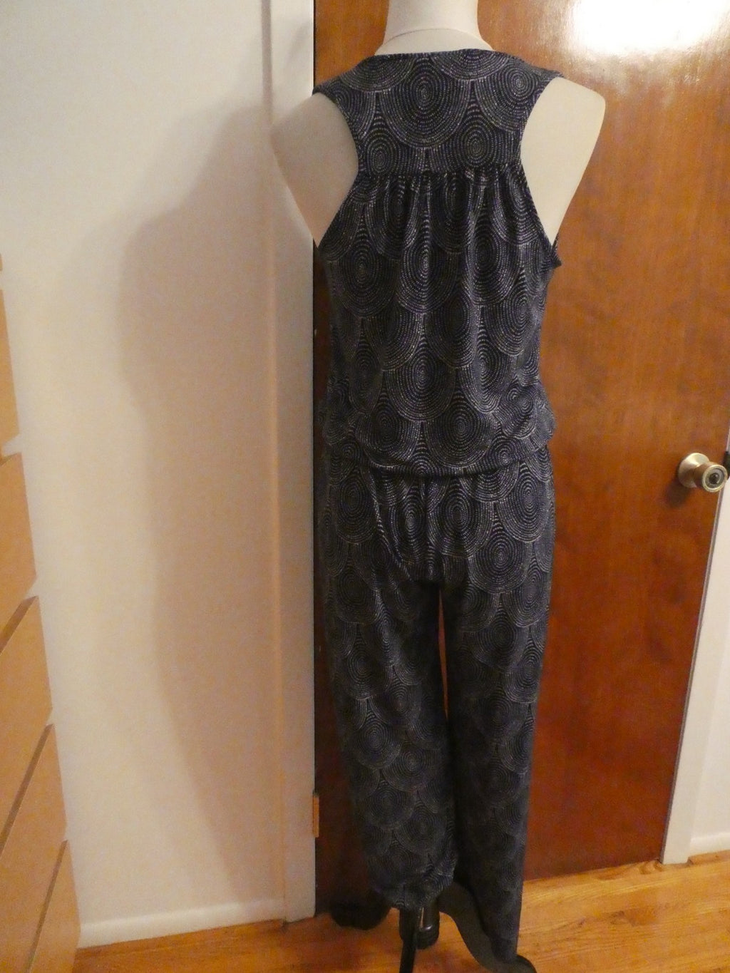 Hatley Women's Sleeveless Jumpsuit S/P Black White Print Tassel Tie Stretch EUC