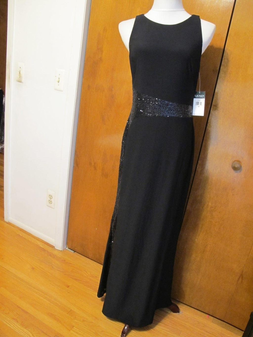 Ralph Lauren women's black shine maxi evening detailed A-line dress size 10 new