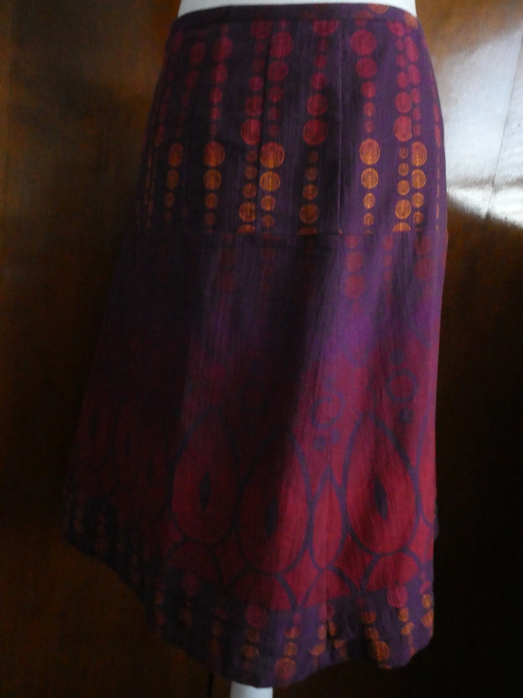 DKNY Jeans Women Skirt Sz 12 Purple Red Print A-Line Lined Cotton Style KCMUA295