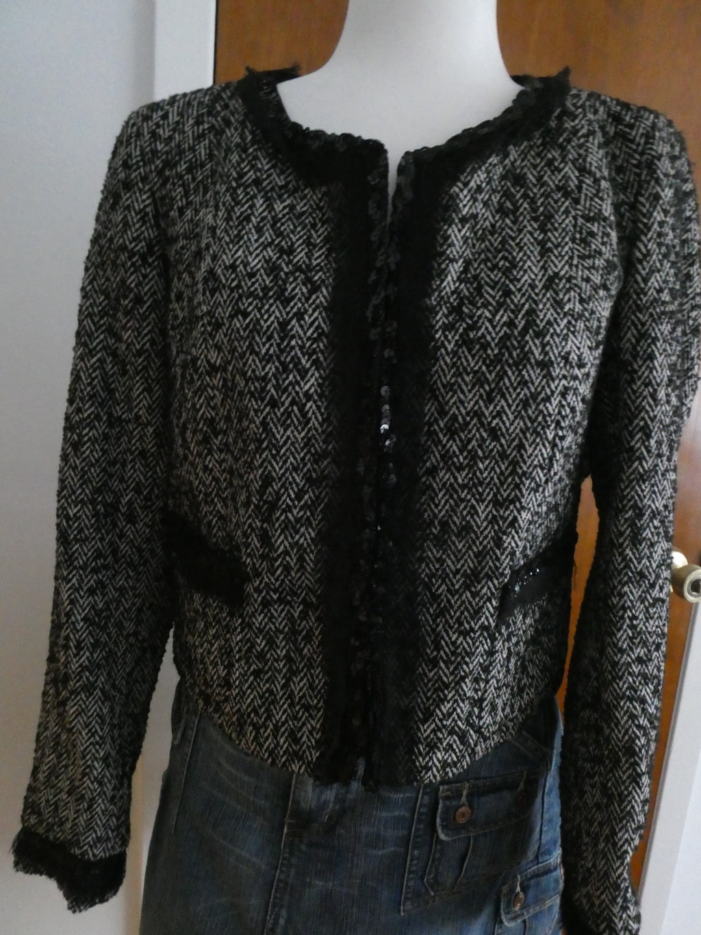 Sinequanone Women Black White Tweed & Sequin Wool Blend Lined Blazer Size Large