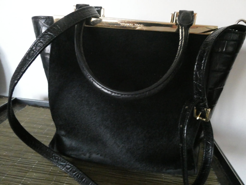 MICHAEL KORS black leather trim haircalf dyed composed crossbody handbag