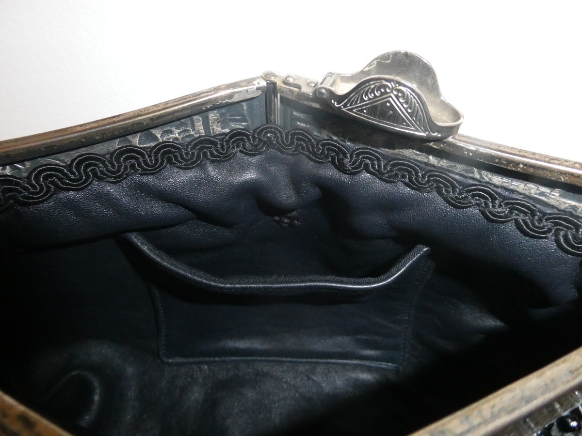 Grace Ann Agostino Vintage Womens Black Woven Leather Bag Purse Silver Tone Deco