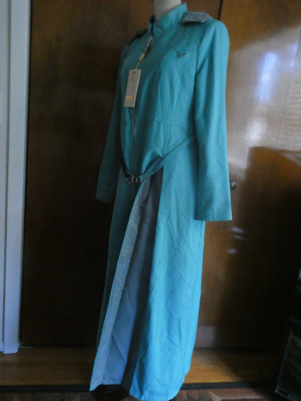 Opal Islamic women light sea green lined full zip belted long hooded coat US14