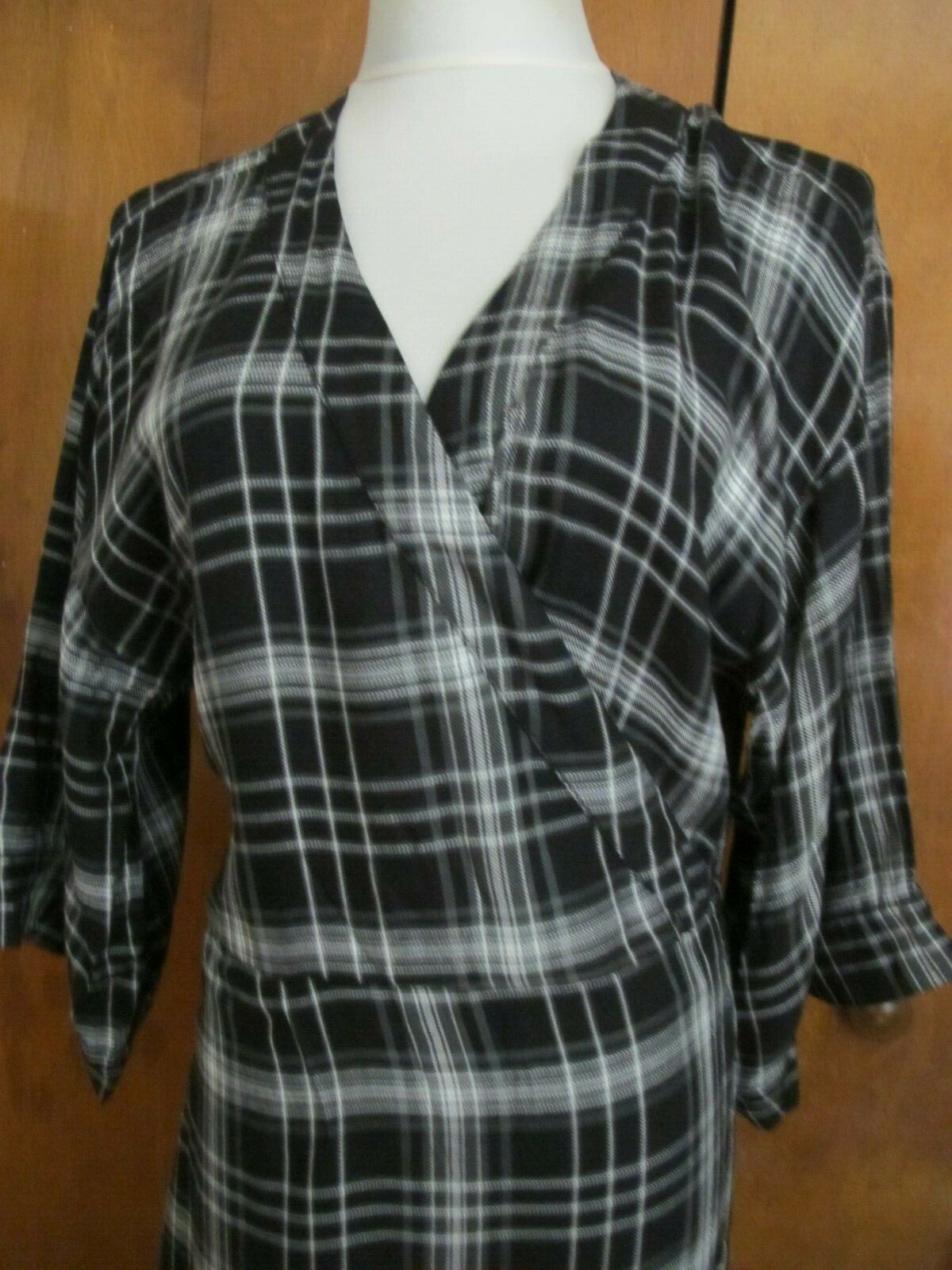 Gap Women's Black Plaid 3/4 Sleeves Tie-Waist Midi Wrap Dress Tall Large 