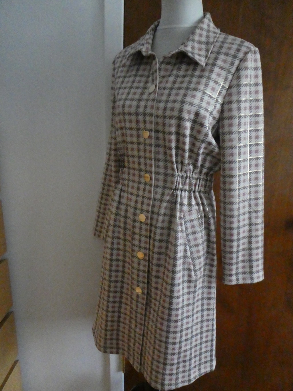 Aliceblue Women’s Plaid Long Jacket Coat Gray Pink Gold Snap Stretch Size Small