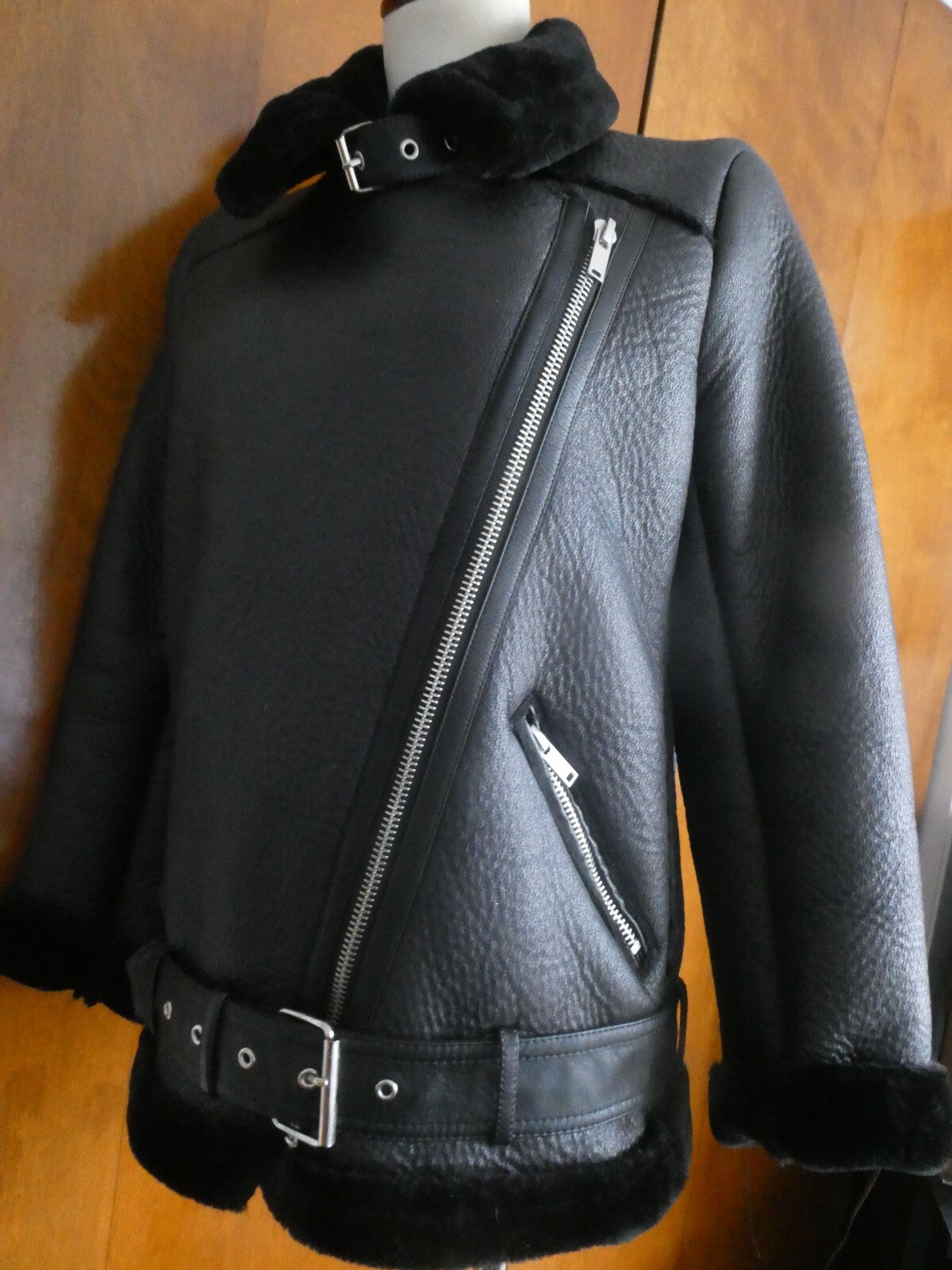 LY VAREY LIN Women's Black Faux Shearing Lined Warm Winter Moto Jacket Small
