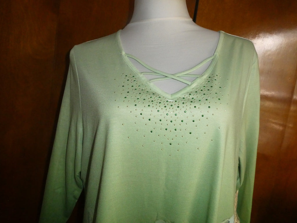One World Women’s Asymmetric Green Multicolor Long Sleeves Tunic Top Size Xlarge