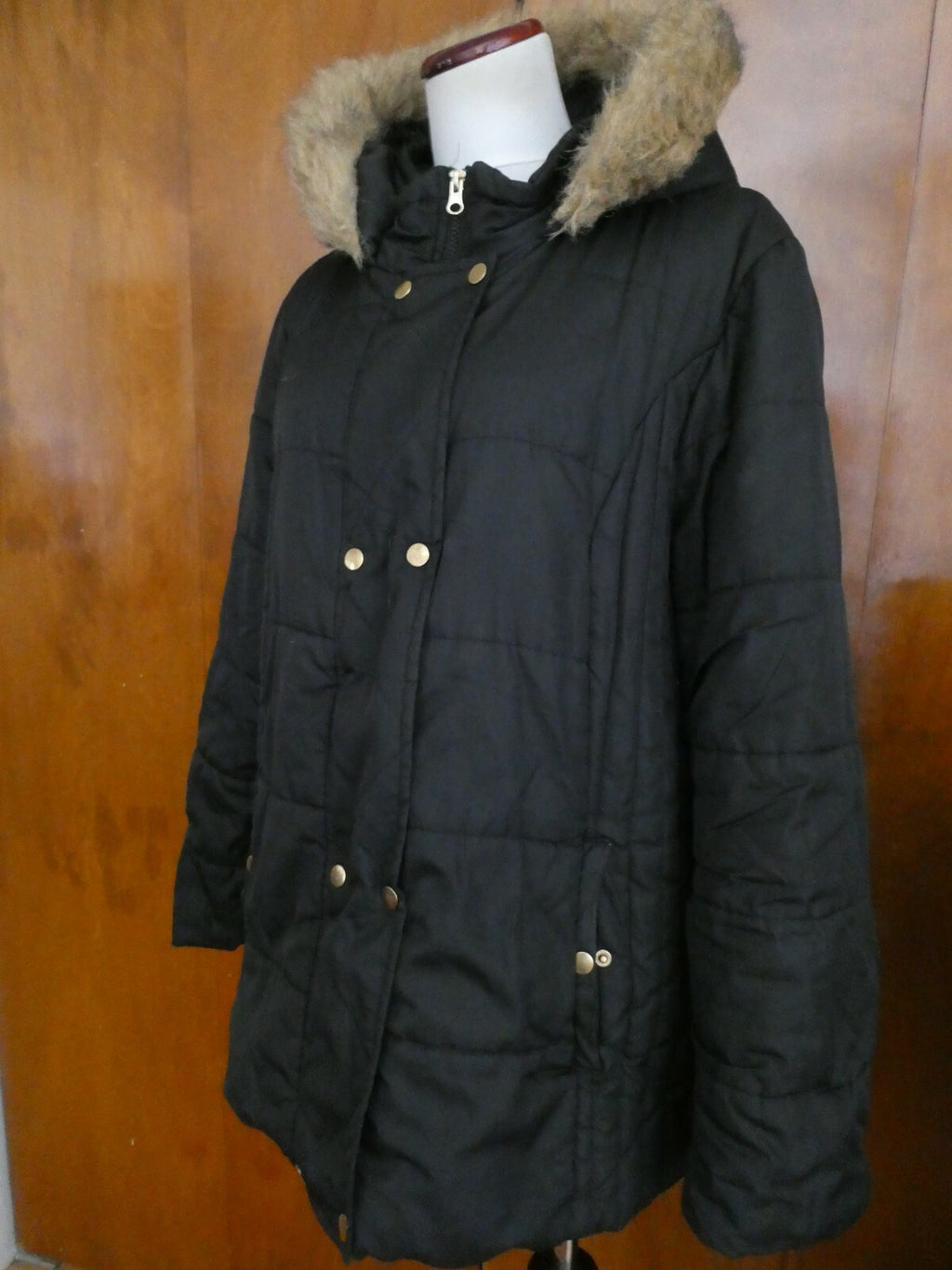 Krush Women's Black Faux Fur Lined Puffer Winter Hooded Detailed Jacket Coat XL