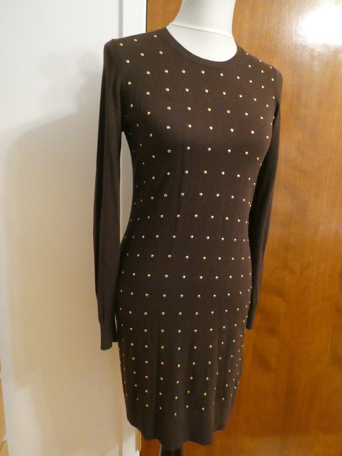 Michael Kors Studded Sweater Dress Size 2 Brown Gold Studded Long Sleeve Bodycon