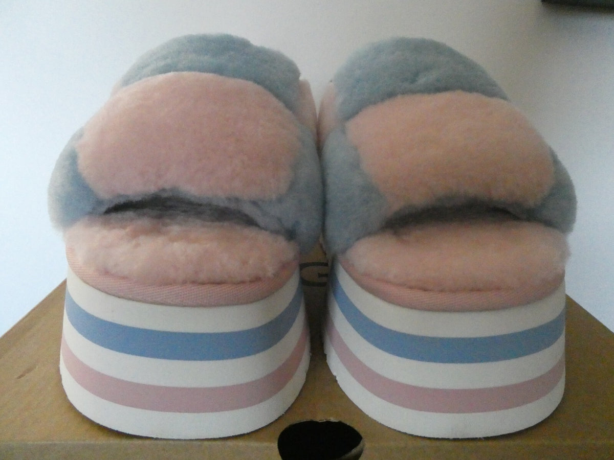 UGG WOMEN’S PINK/BLUE DISCO PASTEL STRIPE COMBO FLUFF SLIDE SANDALS US SIZE 8