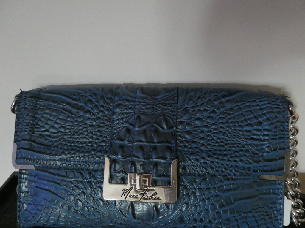 Mark Fisher Women’s Purse Handbag Blue Croc Print Faux Chain Clutch Silver Snap