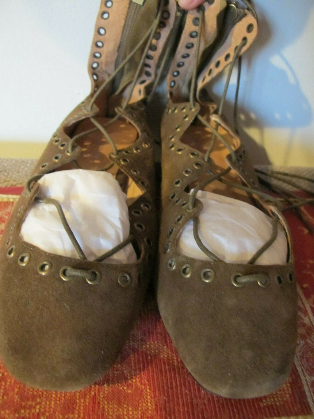 Anthropologie Silent D Olive Green Suede Lace Up Ankle Flats Boots Size 6.5