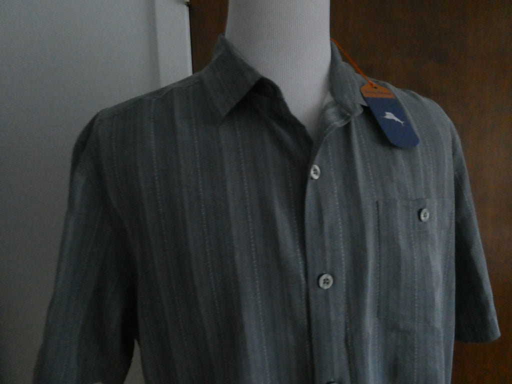 Tommy Bahama Men's Large 100% Silk Gray Striped Shirt Sleeve Button Front Shirt