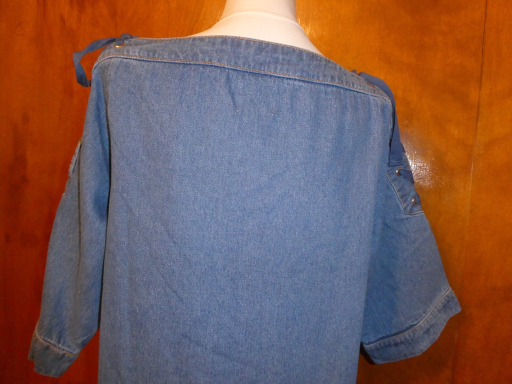 Anthropologie Maeve Denim Shift Dress Lace Up Tie Sleeves Large