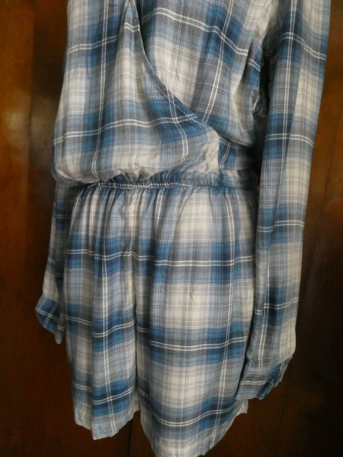 Gap Women’s Long Sleeve Blue Plaid Flannel Romper Wrap Front 