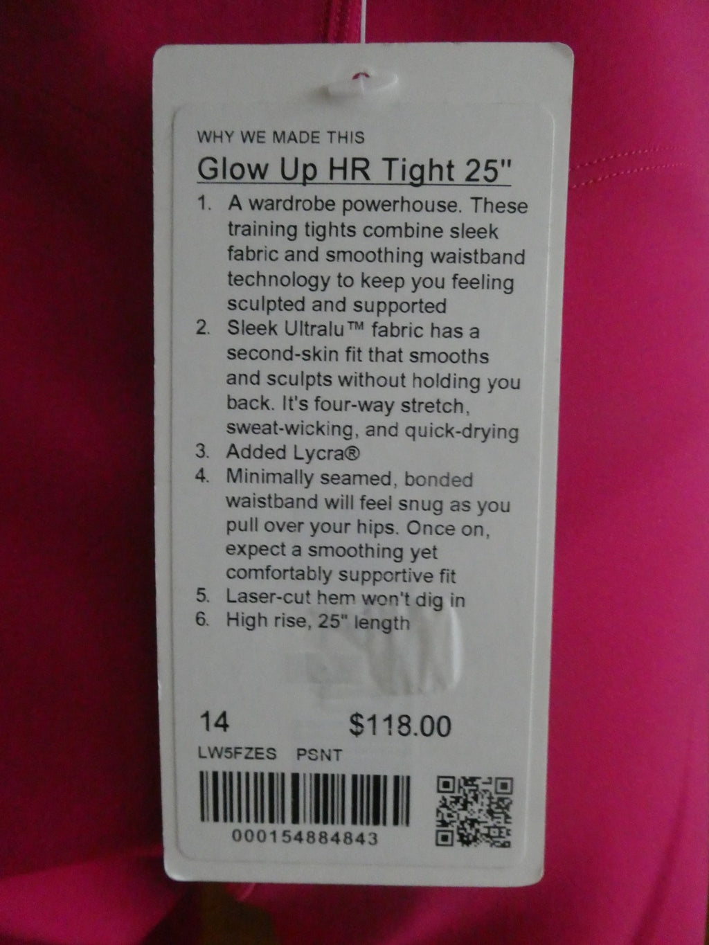 Lululemon Glow Up HR Tight 25 Inch Highrise Leggings Pink Passionate Size 14