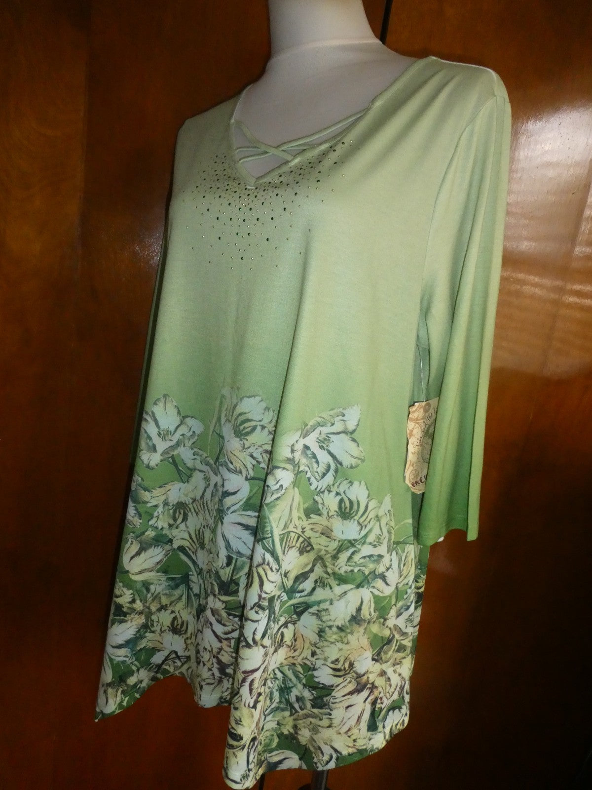 One World Women’s Asymmetric Green Multicolor Long Sleeves Tunic Top Size Xlarge