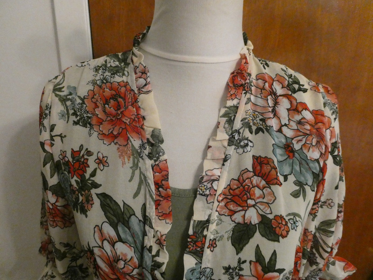 Liberty Love 2Pc Floral Chiffon Duster Dress Set Olive Green Asymmetrical Medium
