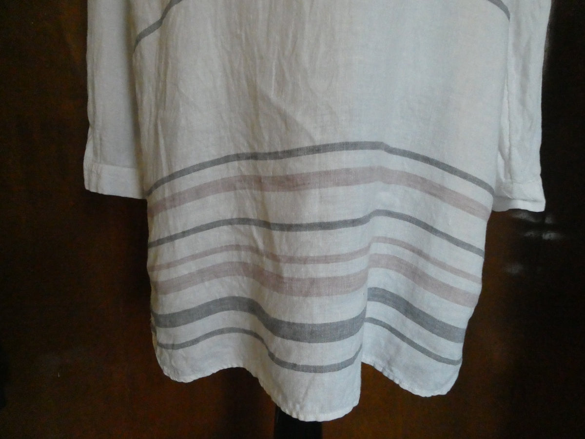 Tahari 100% Linen Striped Tunic Dress White Long Sleeve Pockets Size Medium